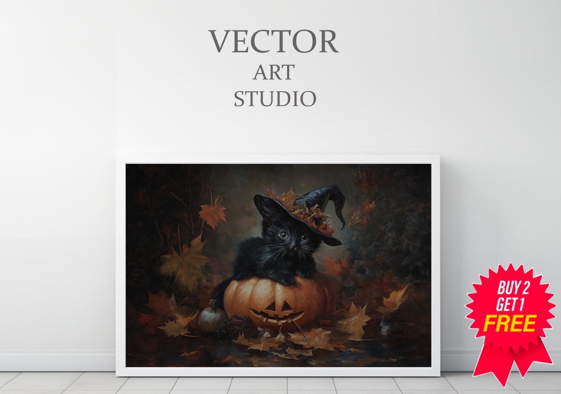 Black Kitten in Witch Hat Behind Jack-O-Lantern Halloween Poster - Image 3