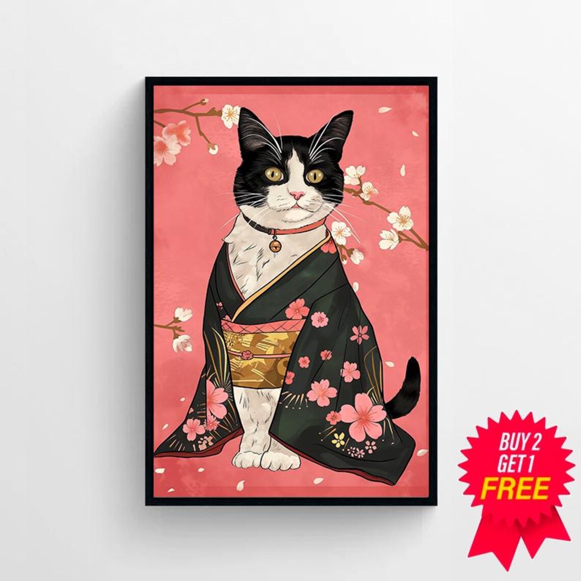 Black and White Tuxedo Cat Wearing Kimono with Cherry Blossoms Art Poster - Image 4
