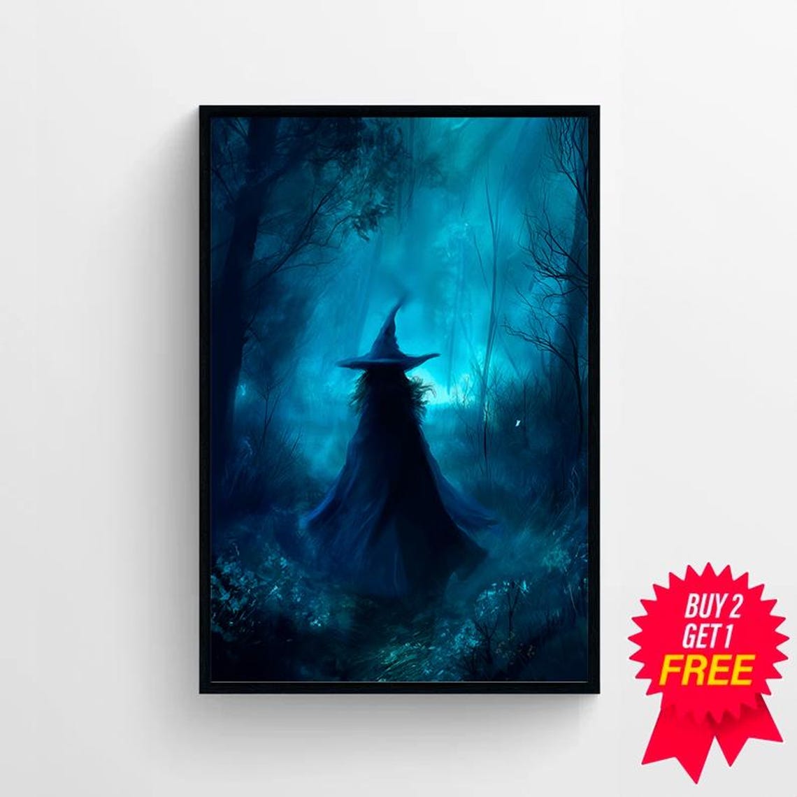 Witch Silhouette in Moonlit Forest Vintage Halloween Painting Poster - Image 4
