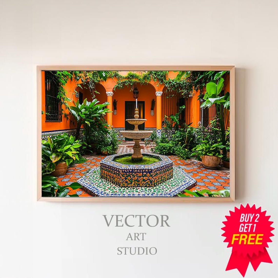 Mexican Courtyard Hexagonal Mosaic Fountain Garden View Poster