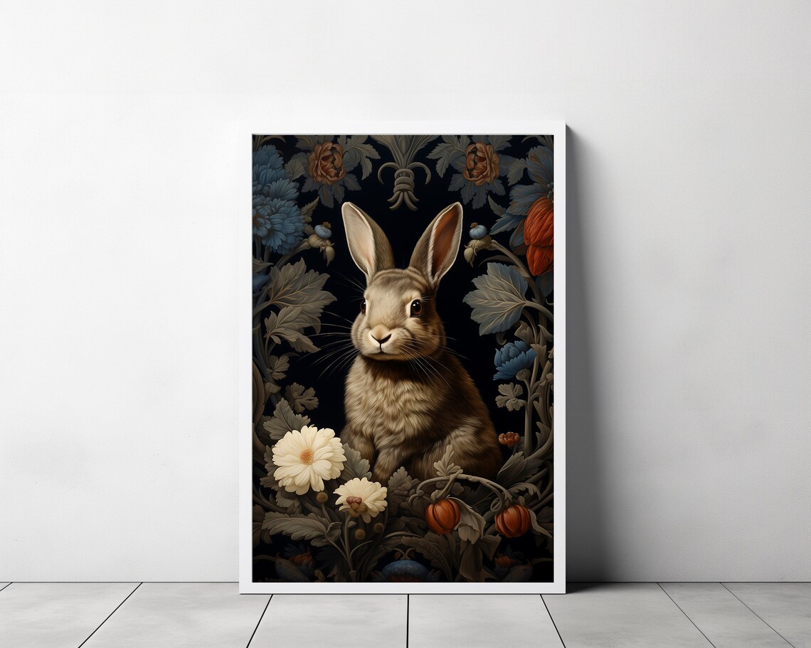Brown Rabbit in a Moody Midnight Floral Garden Vintage Art Poster - Image 3
