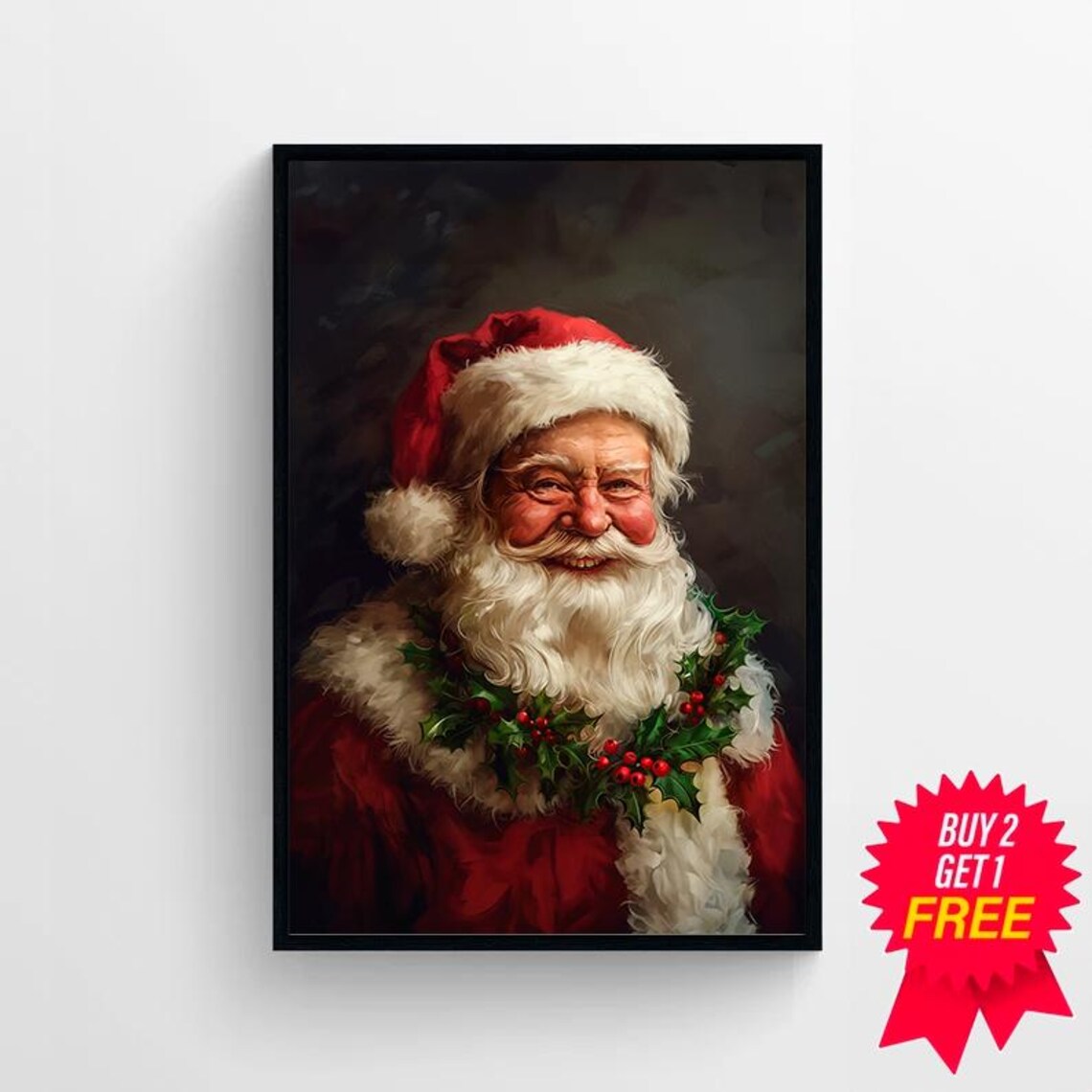 Classic Santa Claus Portrait with Holly Christmas Painting Poster - Image 4