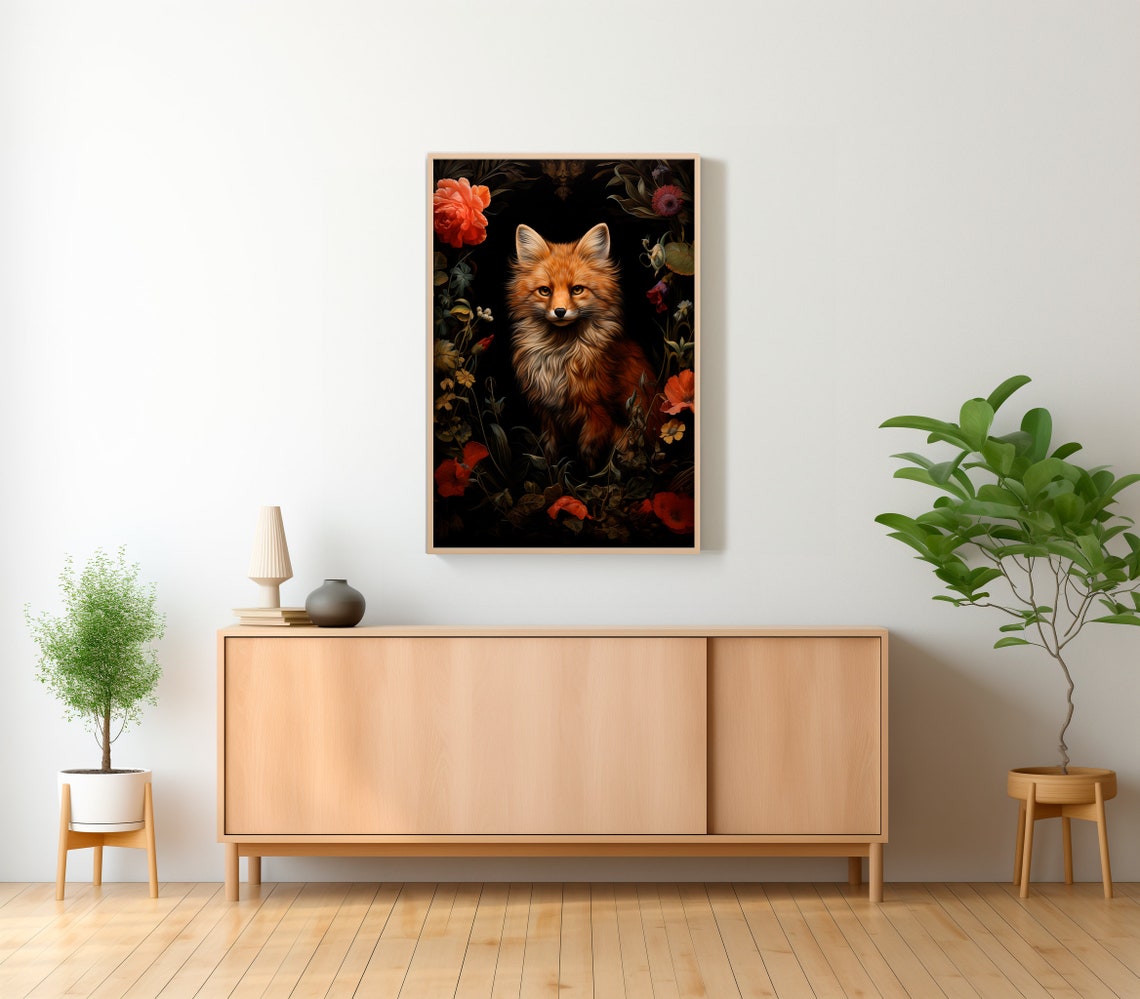 Red Fox Framed By Dark Floral Vines Moody Botanical Art Poster - Image 2