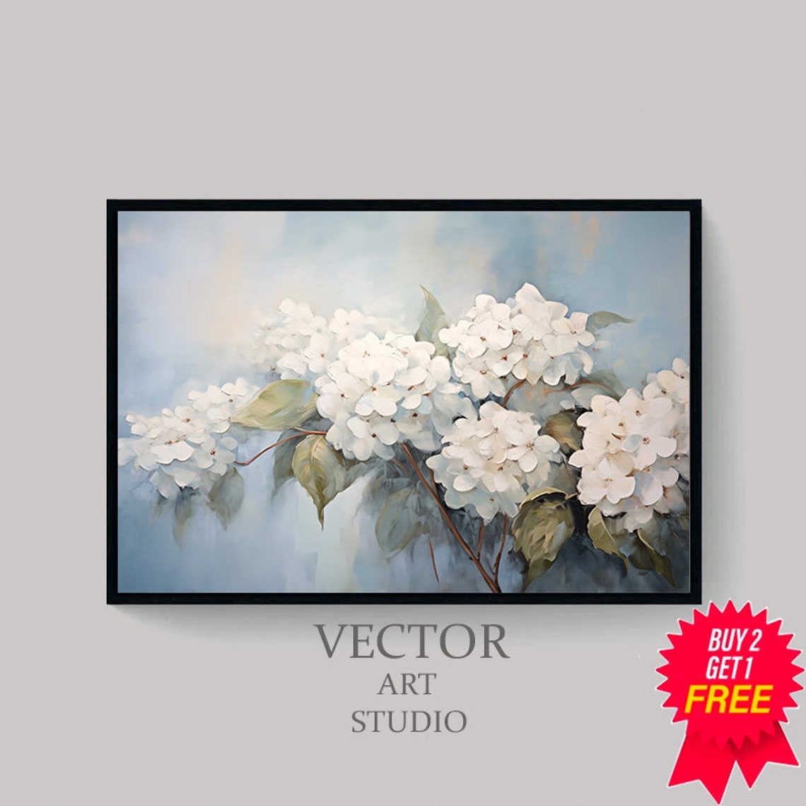 White Hydrangea Branch with Leaves on Blue Spring Botanical Art Poster - Image 4