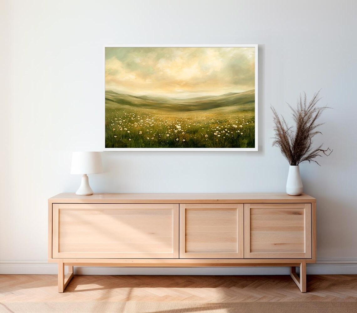 Golden Hour Wildflower Meadow with Rolling Hills Oil Painting Poster - Image 2