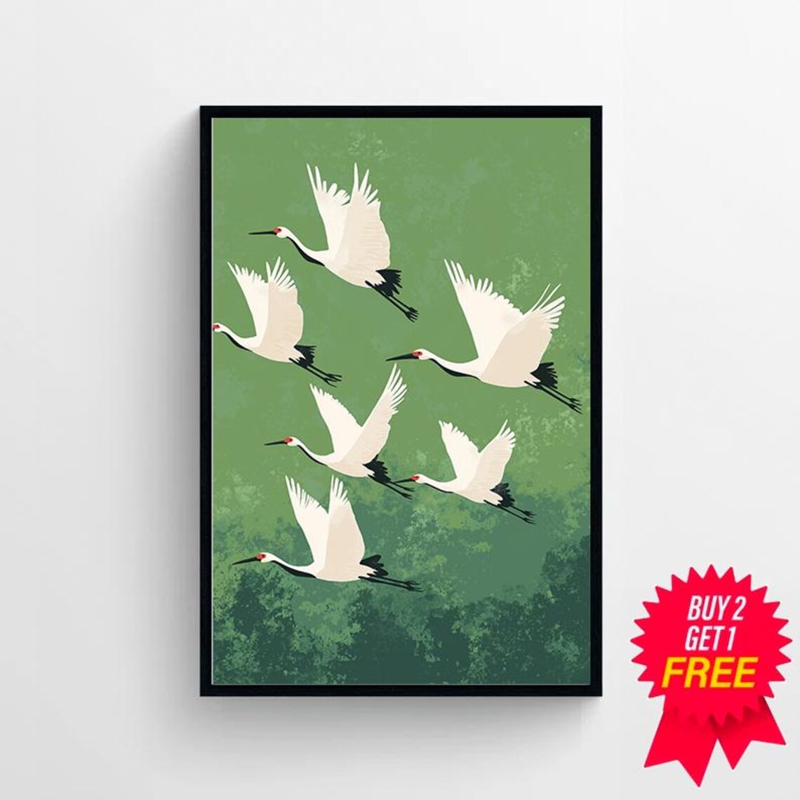 Six White Japanese Cranes Flying on Green Japandi Bird Art Poster - Image 4