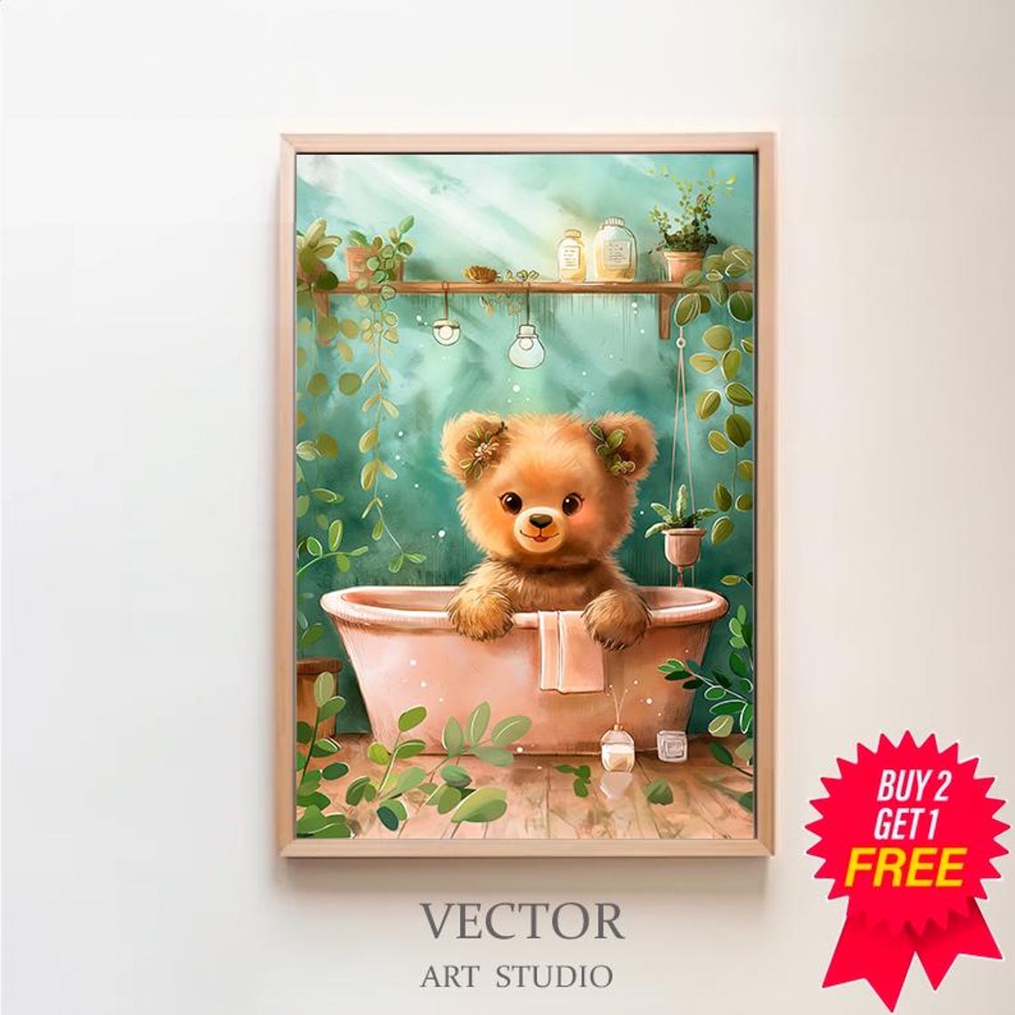 Cute Teddy Bear Cub Enjoying a Spa Bath with Eucalyptus Art Poster