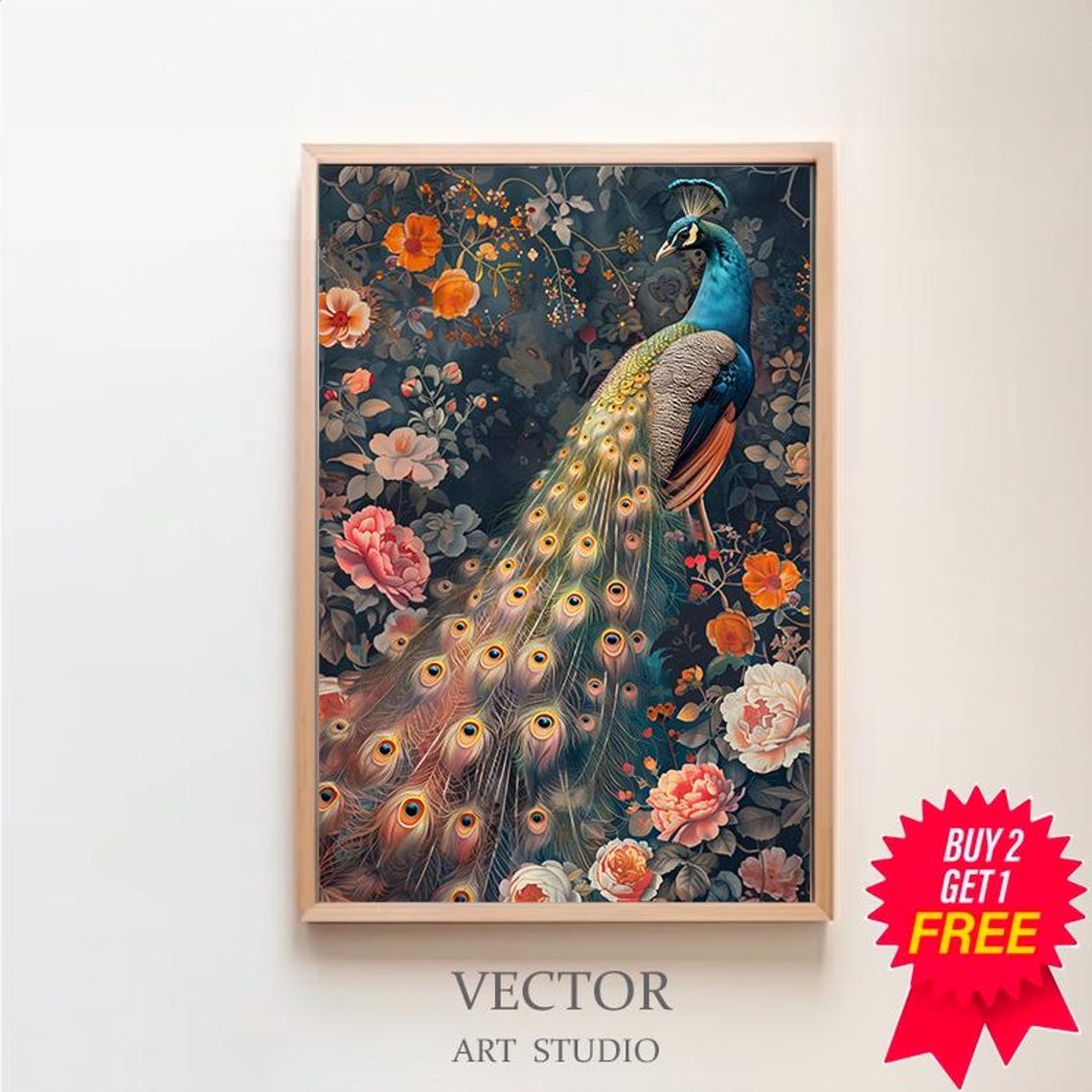 Peacock with Long Tail in Dark Botanical Vintage Floral Poster