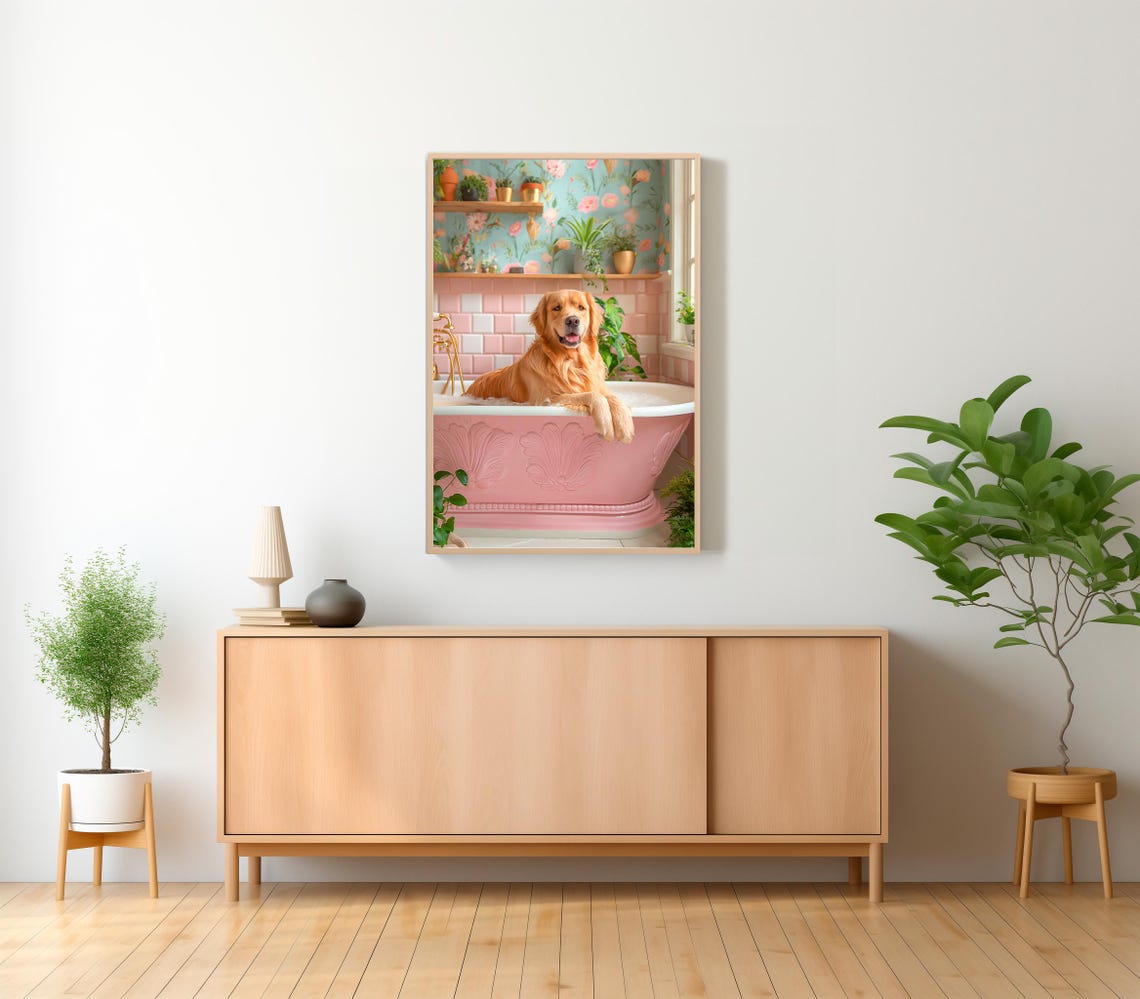 Golden Retriever Bubble Bath in a Pink Floral Bathroom Art Poster - Image 2
