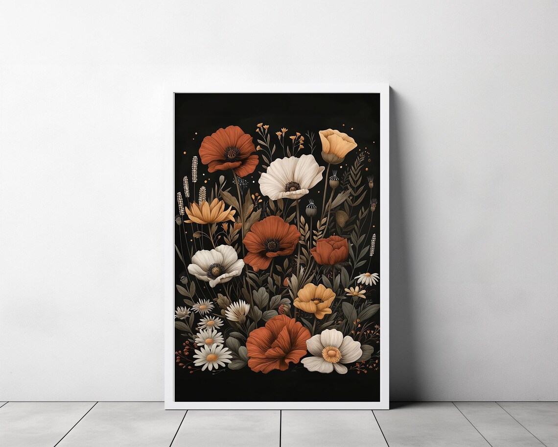Burnt Orange Poppies with White Wildflowers on a Black Poster - Image 3