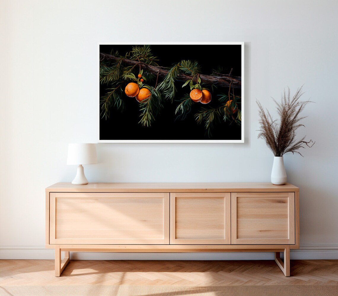 Oranges Hanging from Pine Branch on Black Christmas Citrus Art Poster - Image 2