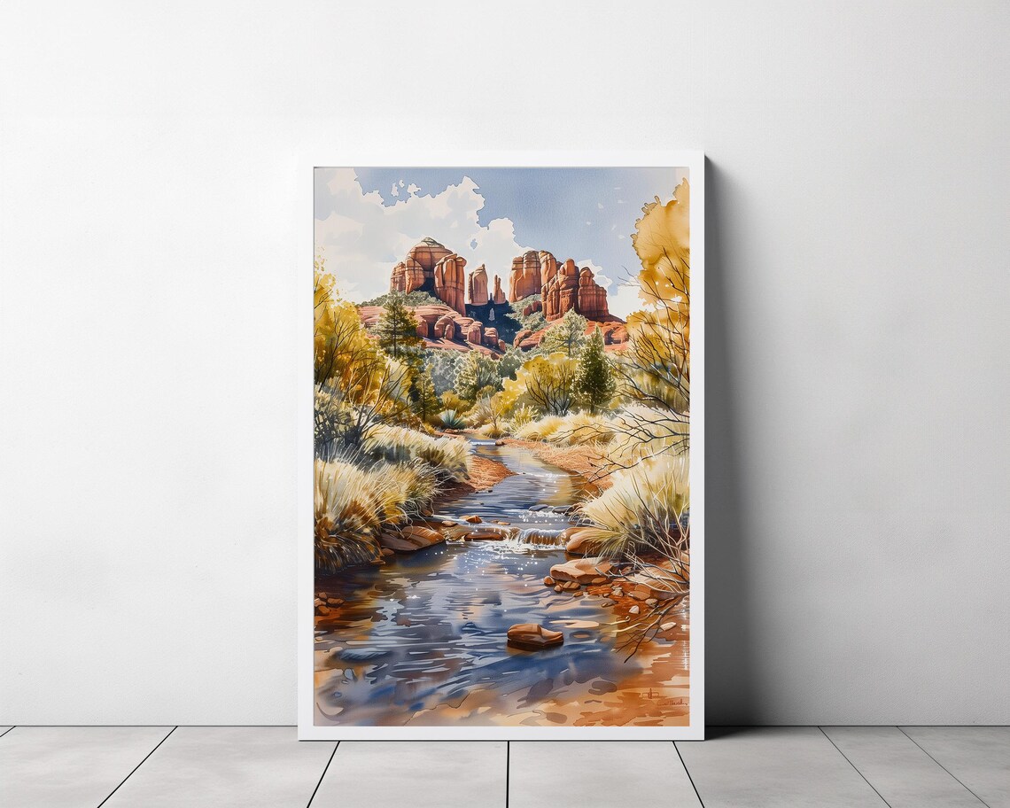 Sedona Arizona Red Rocks Watercolor Landscape Desert Creek Poster - Image 3