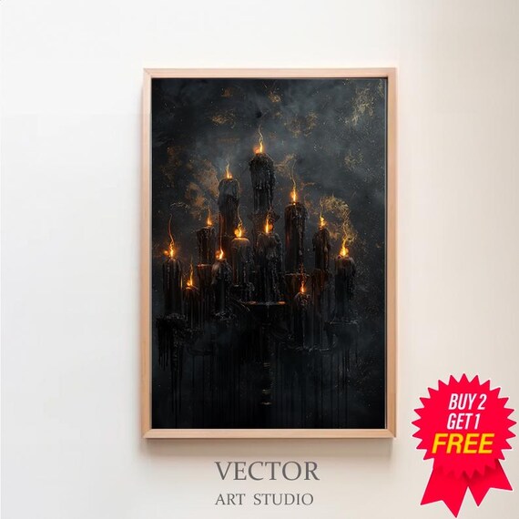 Black Dripping Candles with Glowing Flames Moody Dark Academia Poster