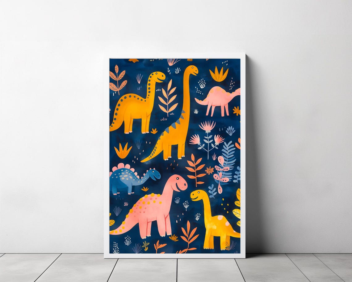 Golden Pink Long Neck Dinosaurs Midnight Navy Kids Room Poster - Image 3