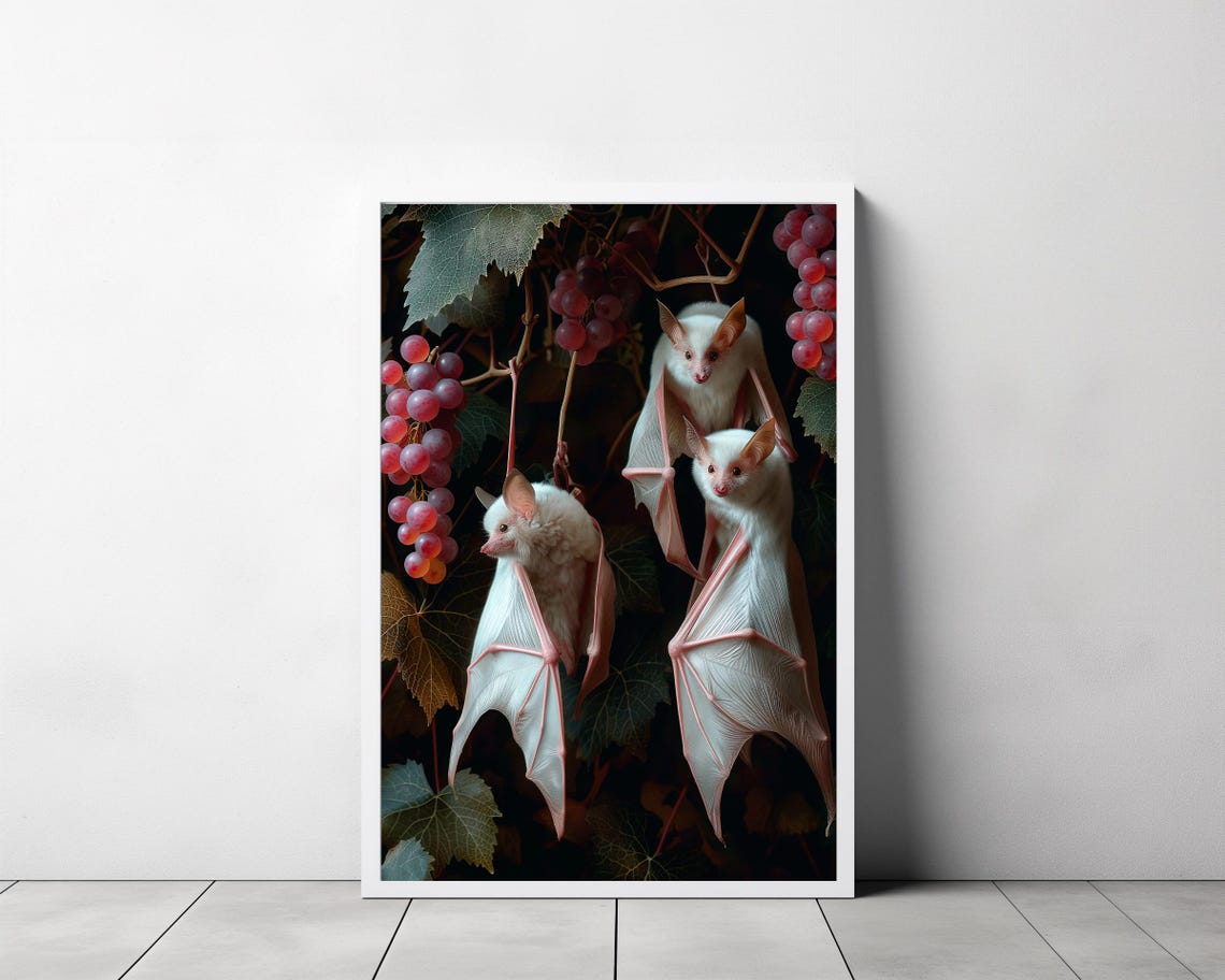 Three White Fruit Bats Among Grape Vines Dark Botanical Gothic Poster - Image 3