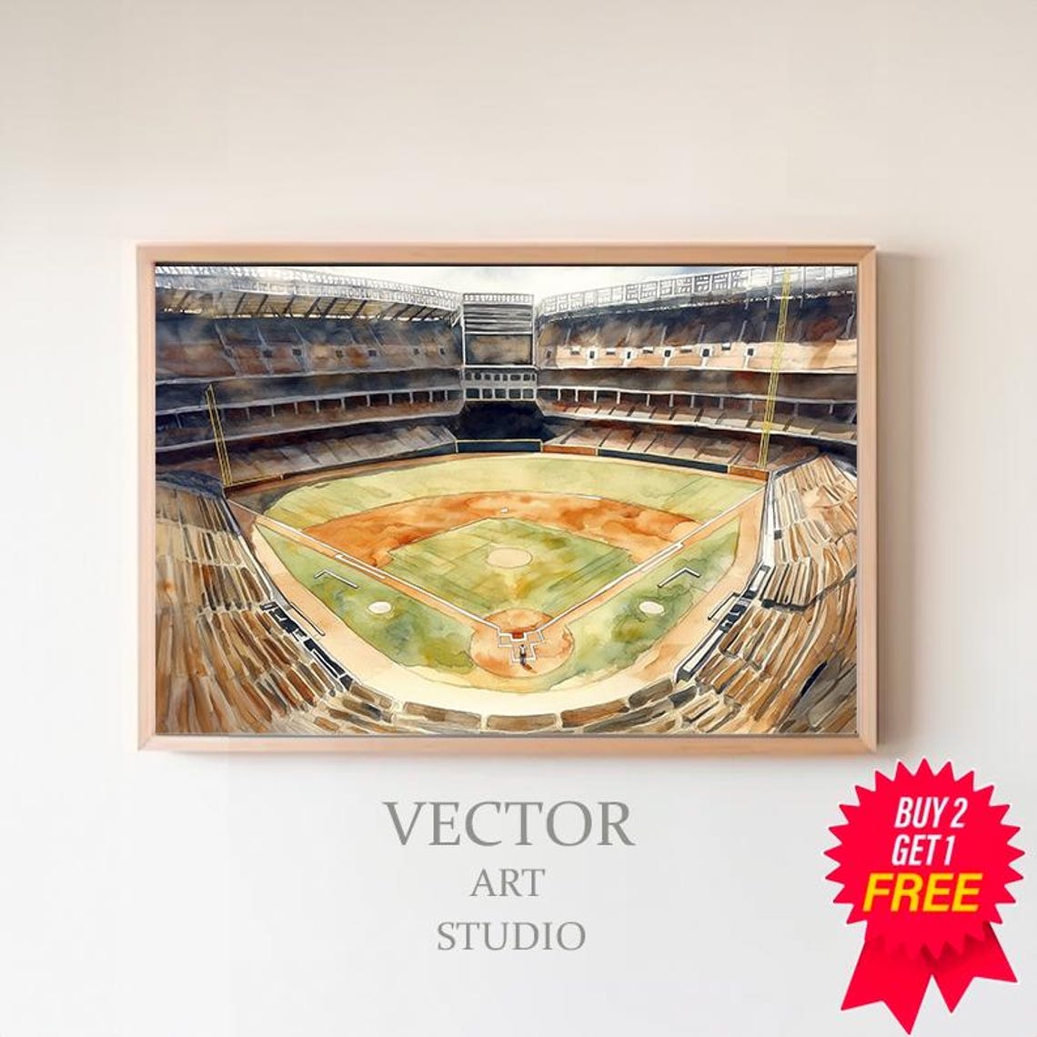 Watercolor Aerial View of an Empty Baseball Stadium Scene Poster