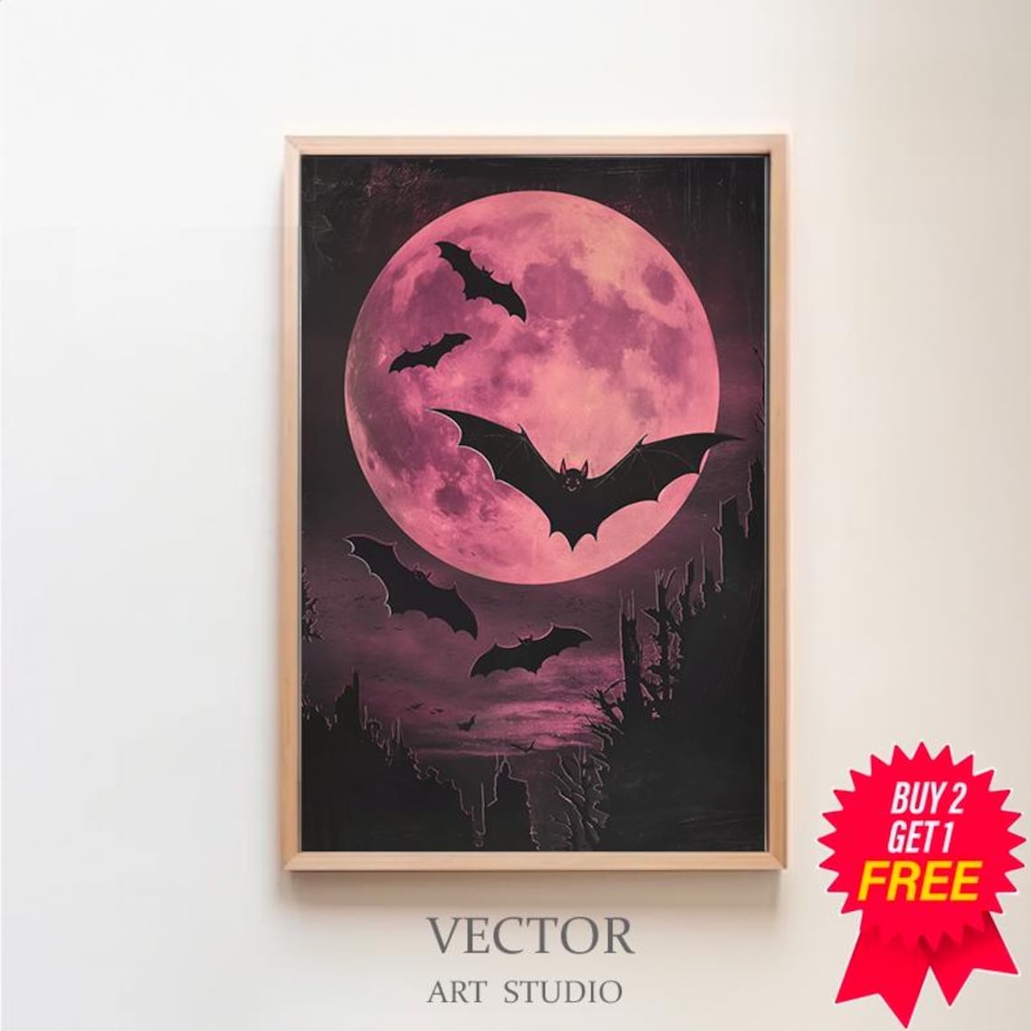 Neon Pink Vampire Bats Vintage Gothic Art Print