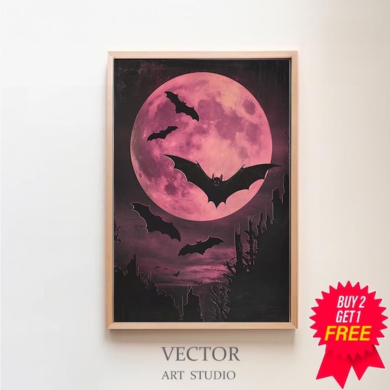 Neon Pink Vampire Bats Vintage Gothic Art Print