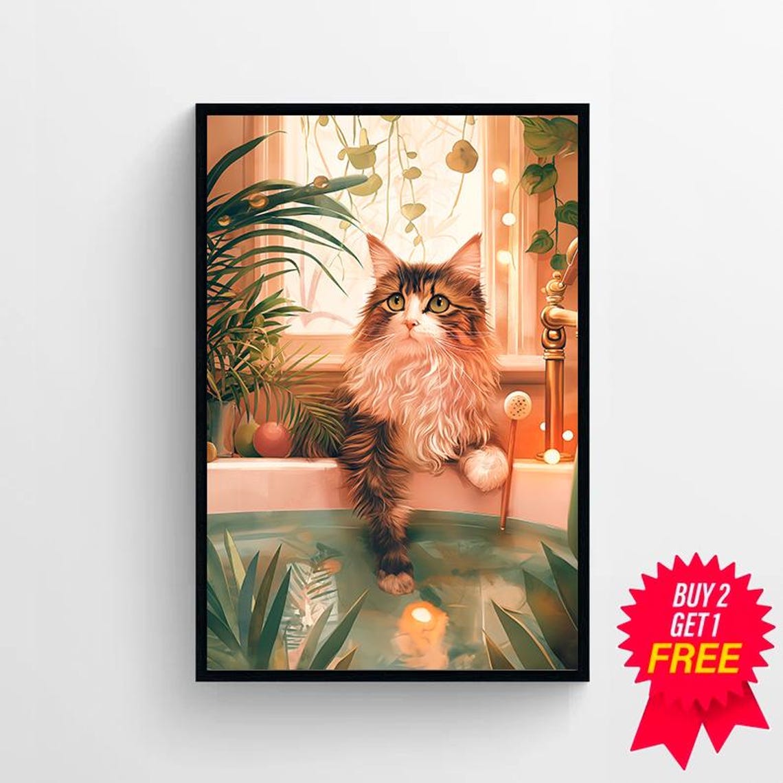 Long Haired Tabby Cat in a Plant Filled Bathtub Spa Art Poster - Image 4