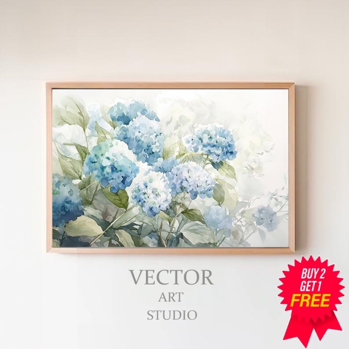 Blue Hydrangea Blooms Loose Watercolor Floral Painting Wall Art
