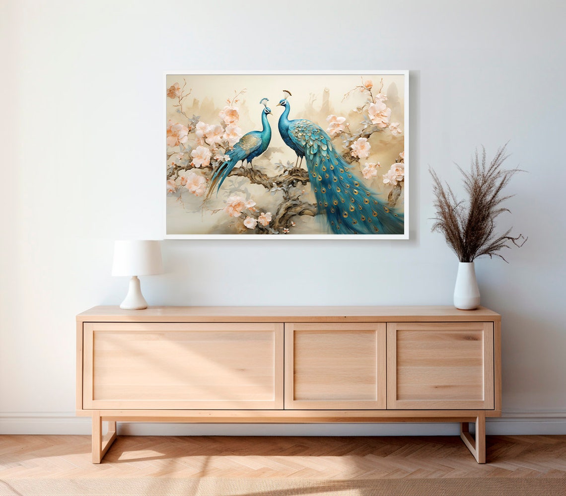 Two Peacocks Flowering Branch Blossom Chinoiserie Style Art Poster - Image 2