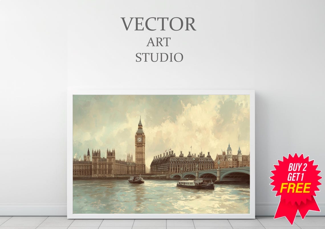 Big Ben and Westminster Bridge on the Thames Vintage London Poster - Image 3