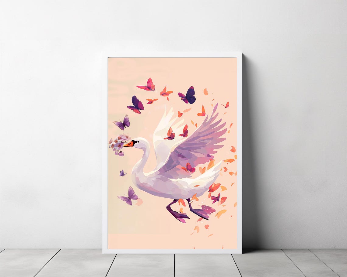 White Swan with Butterflies Flying Through Floral Whimsical Poster - Image 3