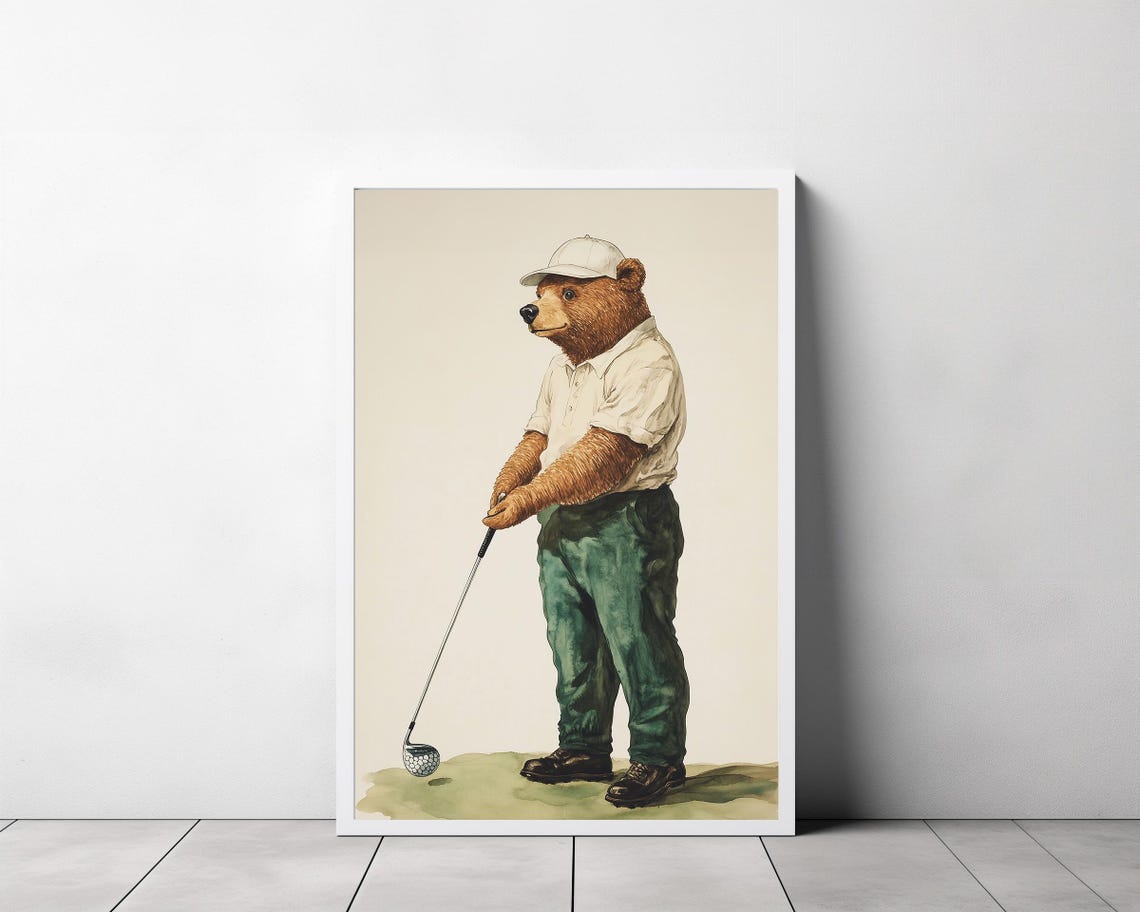 Bear Golfer in White Cap Watercolor Nursery Golf Theme Poster - Image 3