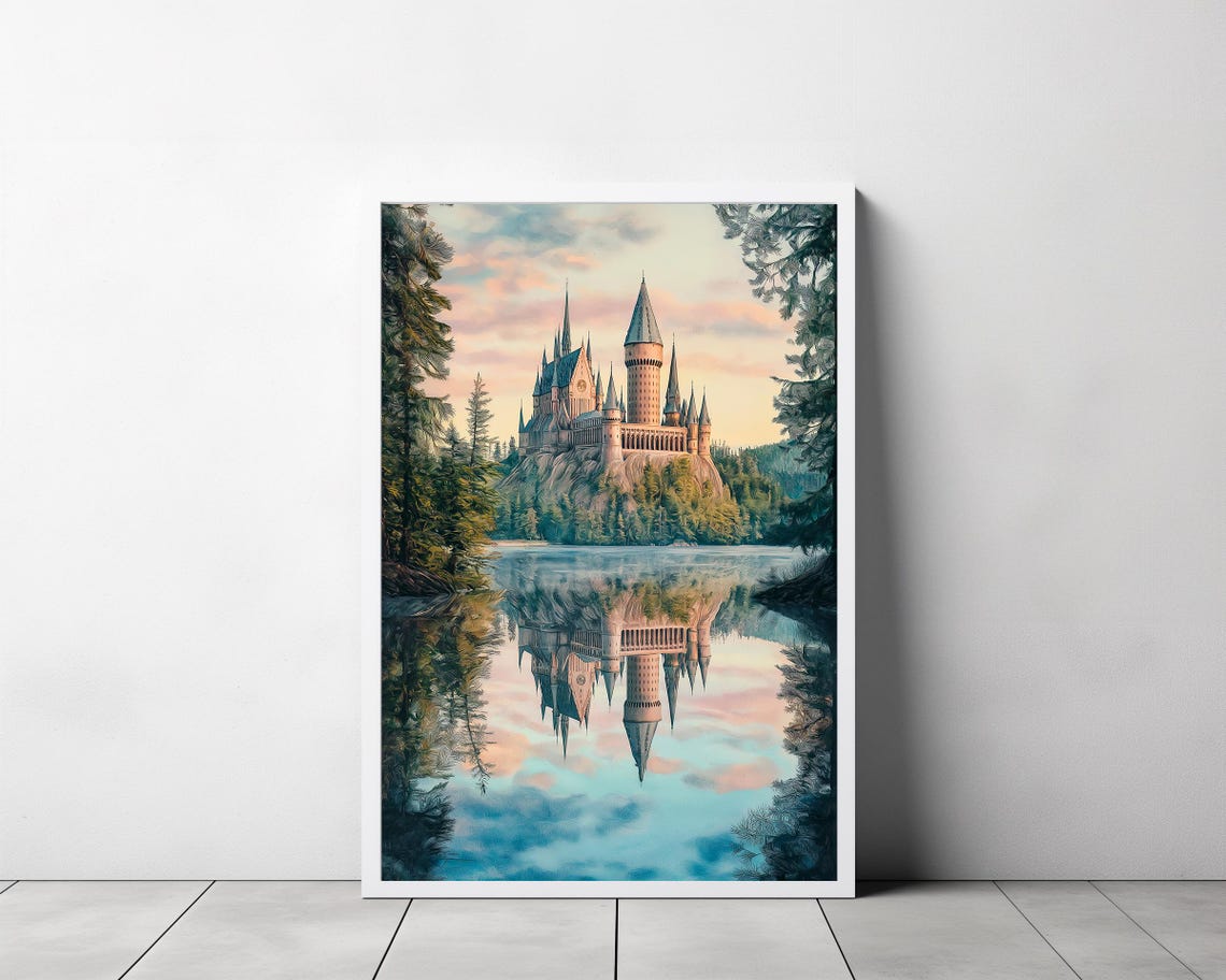 Magical Castle Summer Watercolour Charming Wizard Art Wizarding World Enthusiasts Witchcraft Great Lake At Spring Magical School Print - Image 3