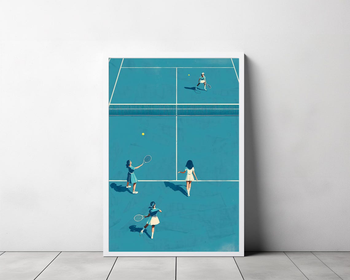 Minimalist Tennis Match On A Teal Blue Court Illustration Poster - Image 3