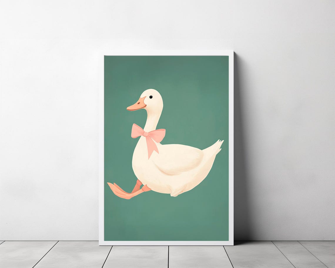 Playful White Duck With Pink Bow Jumping on Dark Teal Poster - Image 3