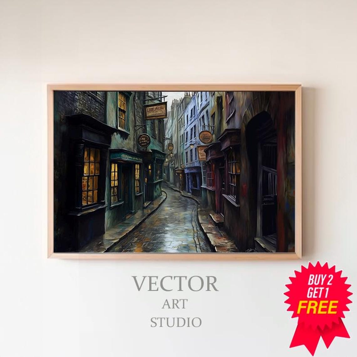 Moody Rainy Wizard Alley Dark Wet Cobblestone Street Art Poster