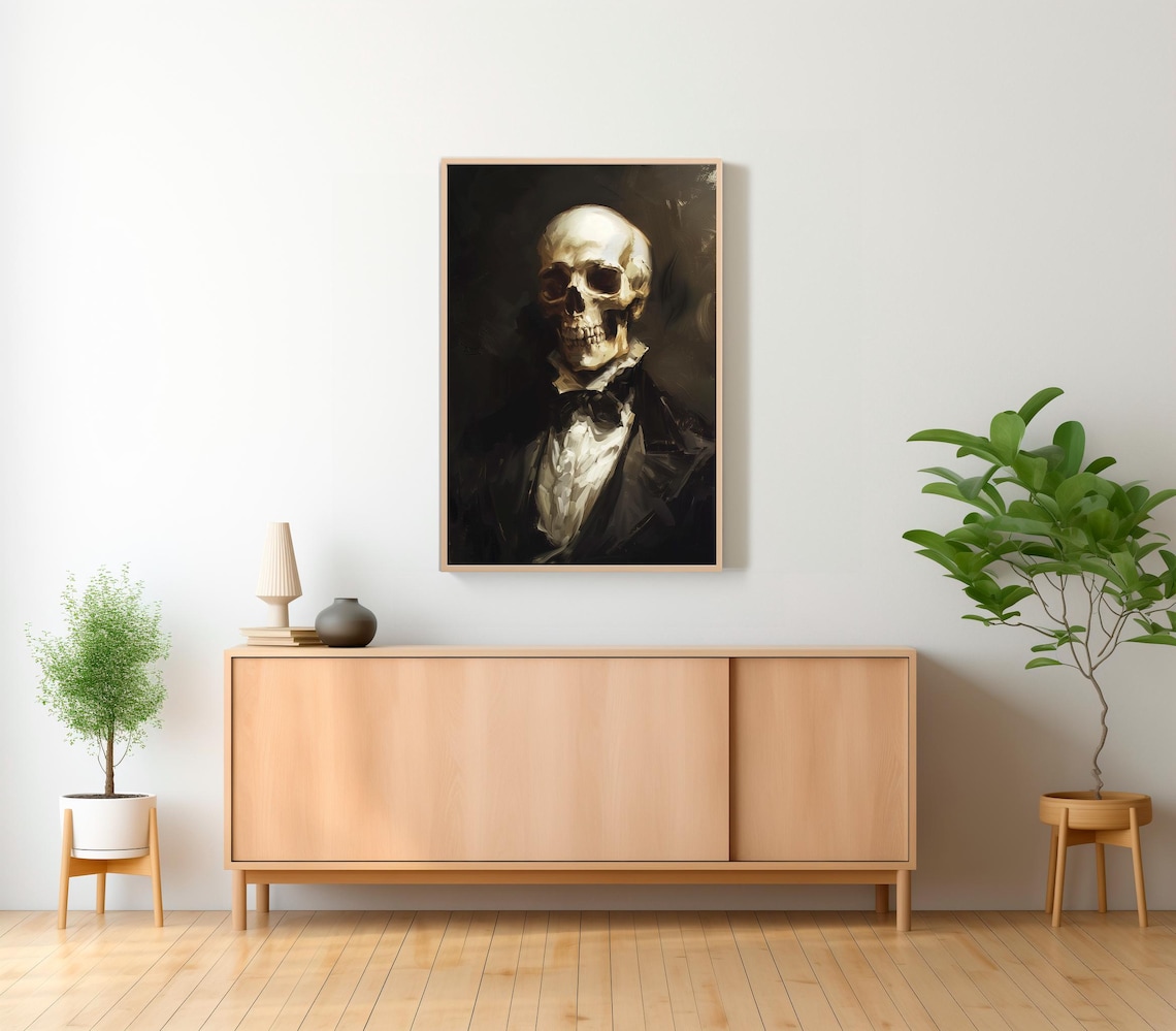 Elegant Skeleton in a Tuxedo in a Dark Renaissance Style Painting Poster - Image 2