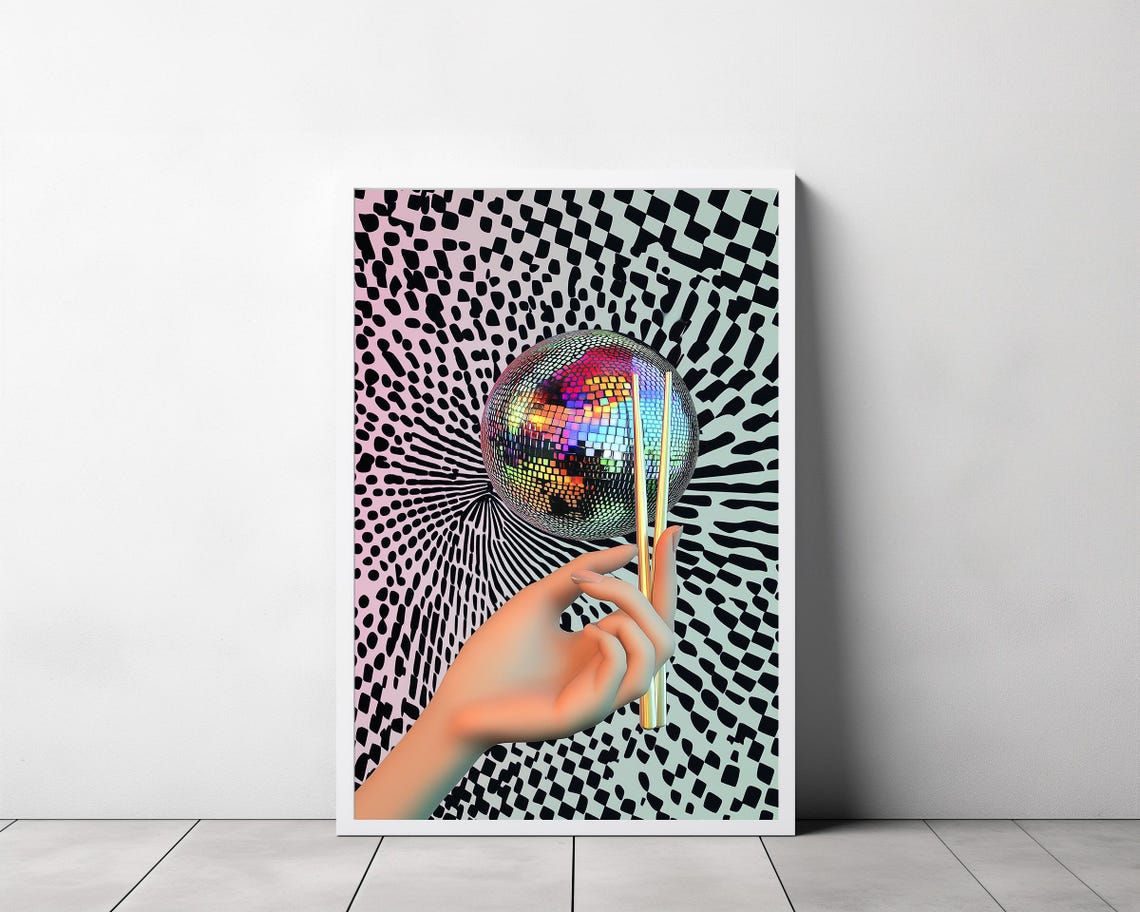 Rainbow Iridescent Disco Ball with Chopsticks Psychedelic Pop Poster - Image 3