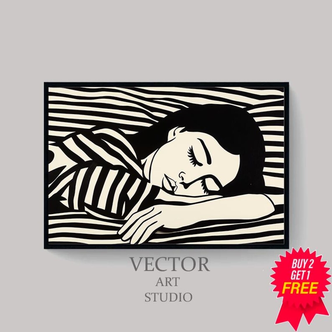 Sleeping Woman on Bold Striped Bed Black White Graphic Pop Art Style Poster - Image 4