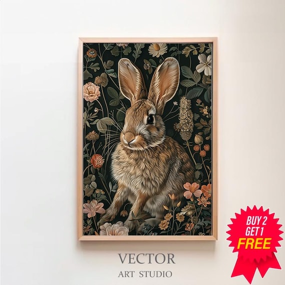 Fluffy Brown Bunny Among Wildflowers Vintage Nature Illustration Poster