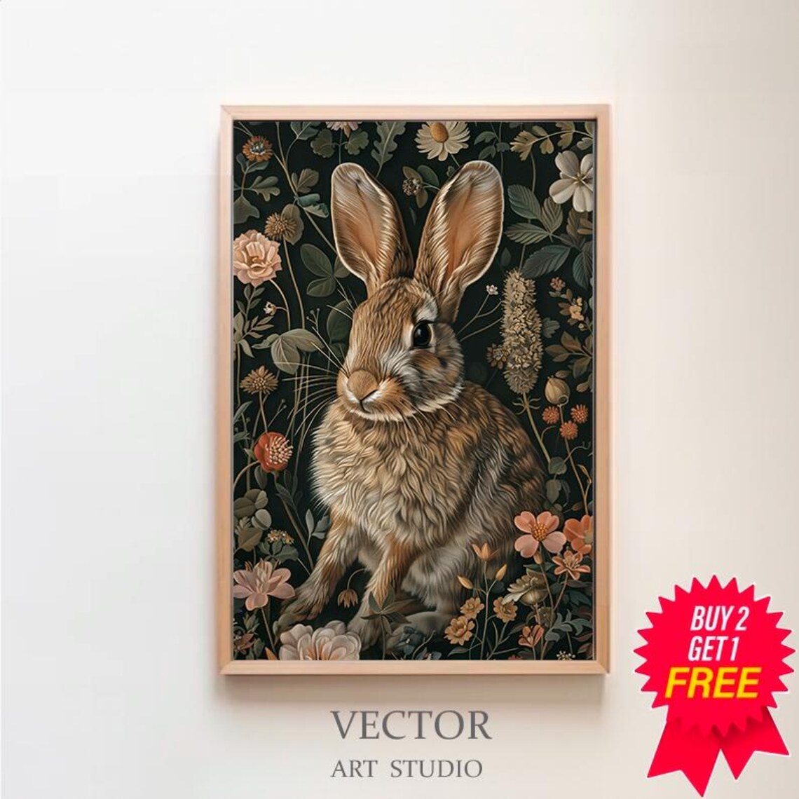 Fluffy Brown Bunny Among Wildflowers Vintage Nature Illustration Poster