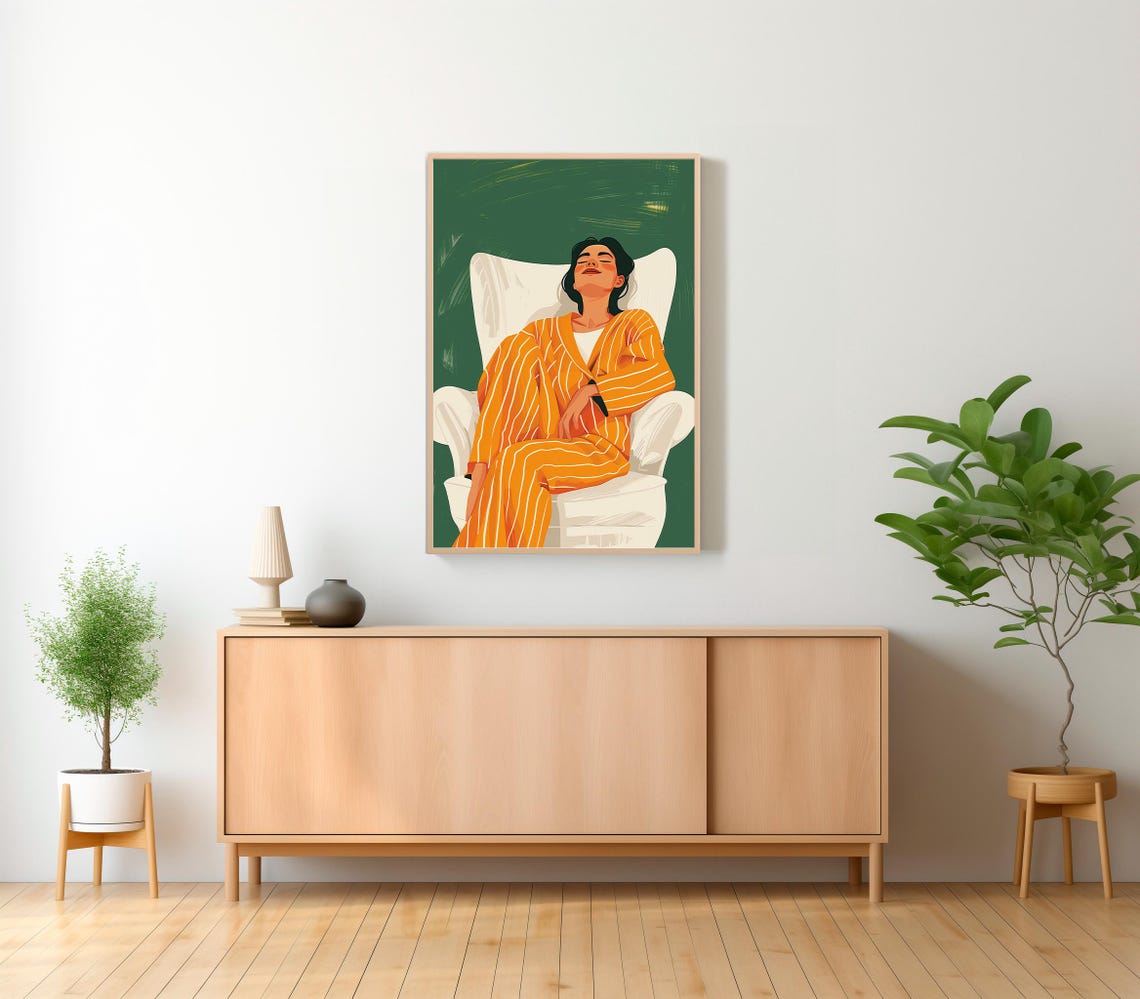 Stylish Woman Relaxing in Striped Pajamas Modern Lounge Poster - Image 2