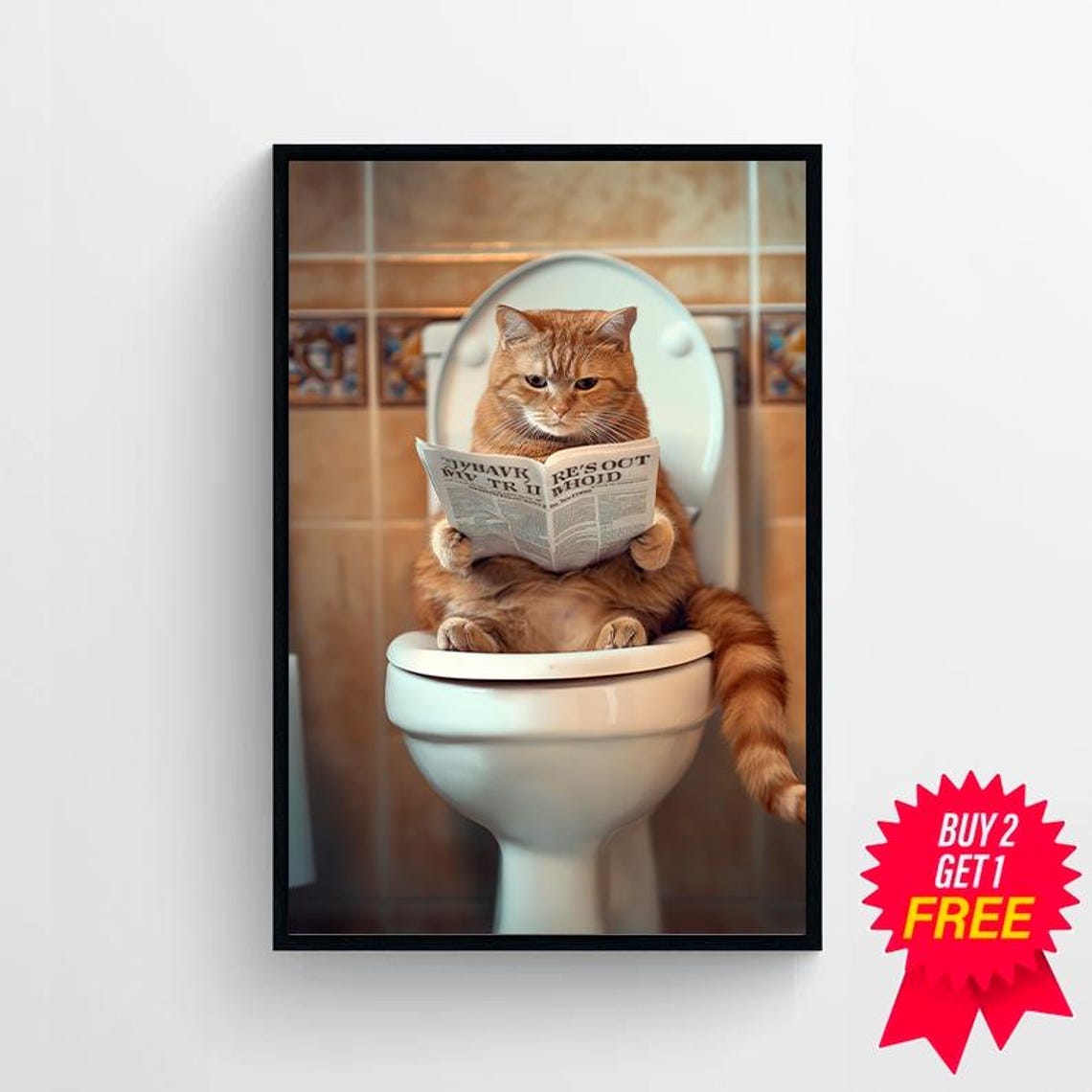 Orange Tabby Cat Reading Newspaper on Toilet Funny Bathroom Art Poster - Image 4