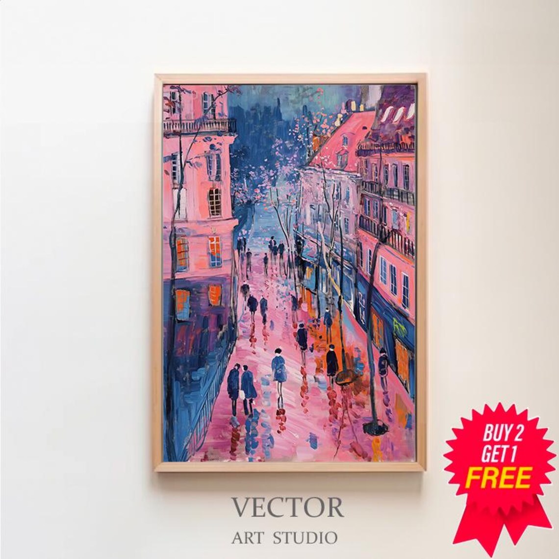 Pink Parisian Street at Dusk Rainy Cityscape Oil Painting Poster