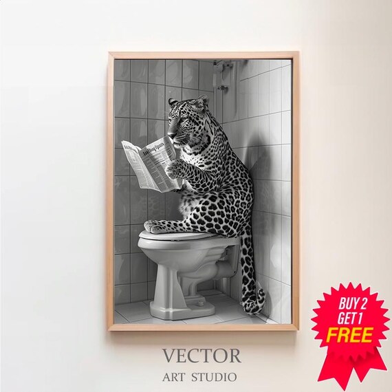 Leopard Reading Newspaper on Toilet Black and White Funny Art Poster