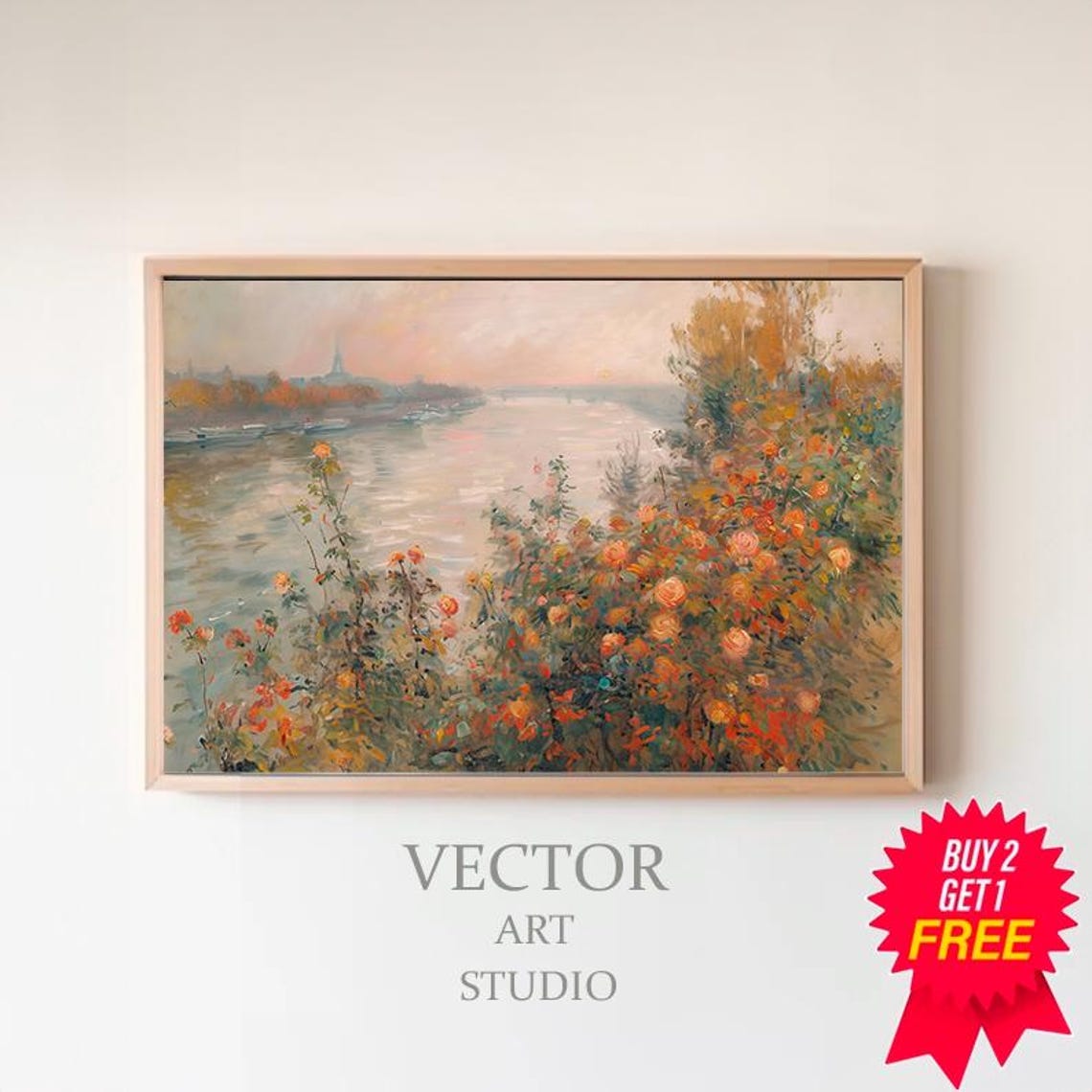 Riverside Wild Roses at Sunset Impressionist Garden Landscape Poster