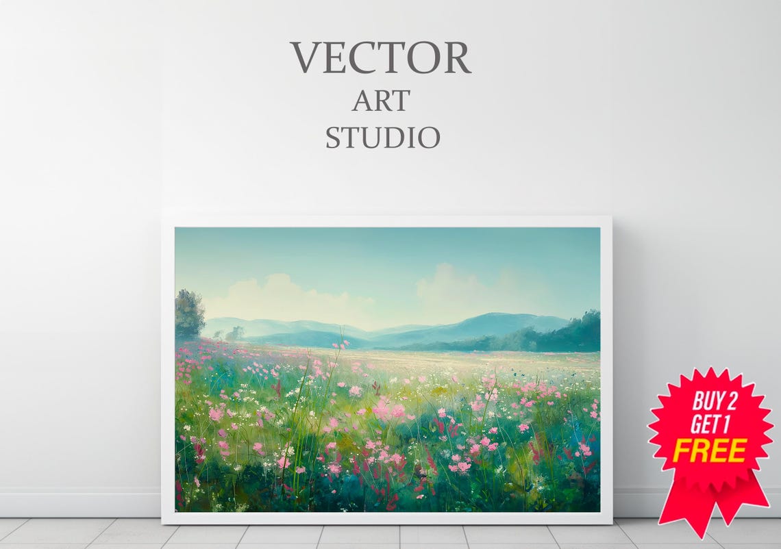 Pink Wildflower Meadow Under Blue Sky Spring Landscape Art Poster - Image 3