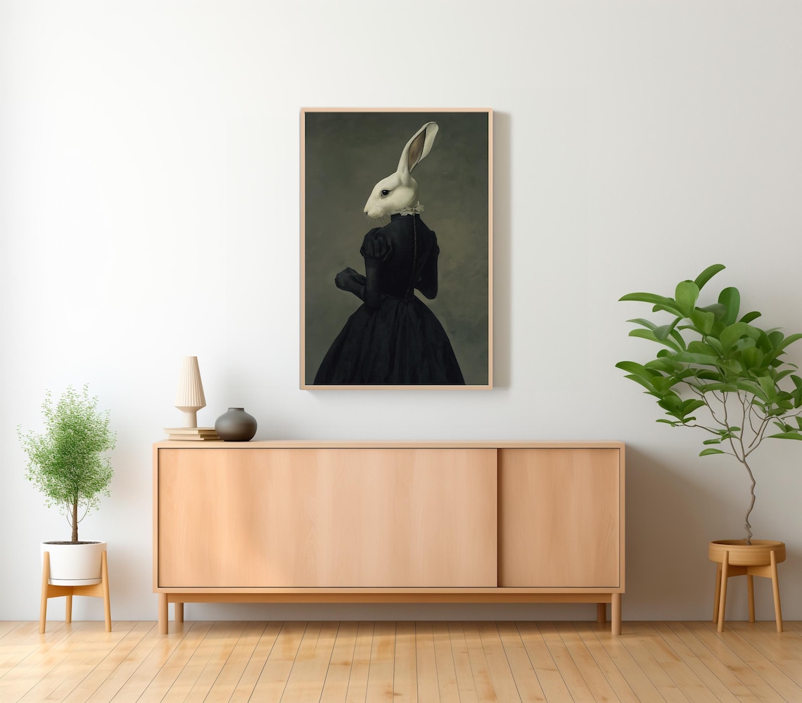 Victorian Lady Rabbit Portrait in Black Dress Gothic Painting Poster - Image 2