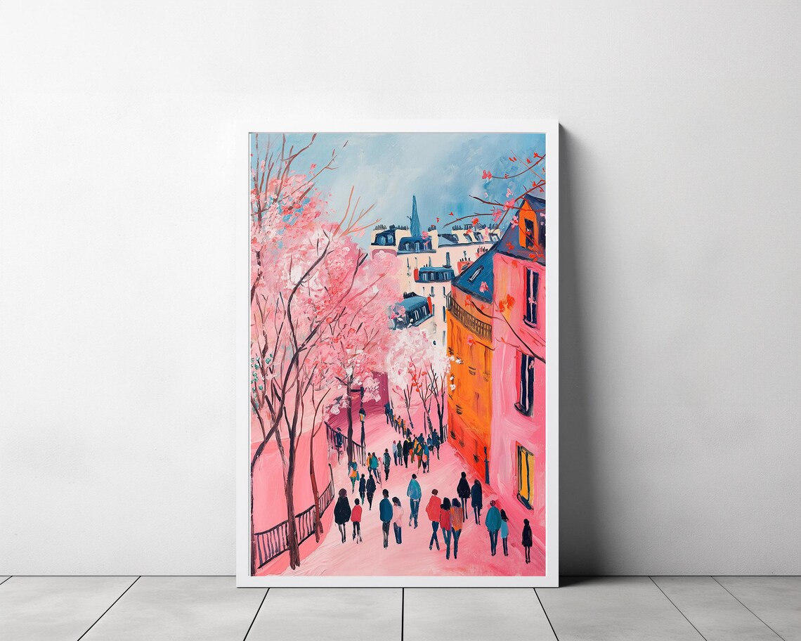 Cherry Blossom Paris Street in Spring Cityscape Painting Poster - Image 3