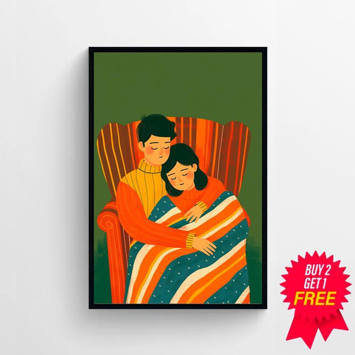 Cozy Couple Embrace Striped Blanket Armchair Illustration Poster - Image 4