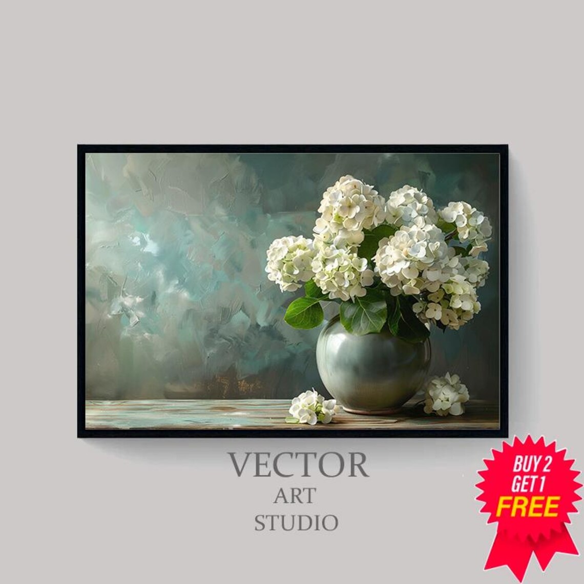 White Hydrangeas in a Grey Vase Teal Floral Still Life Painting Poster - Image 4