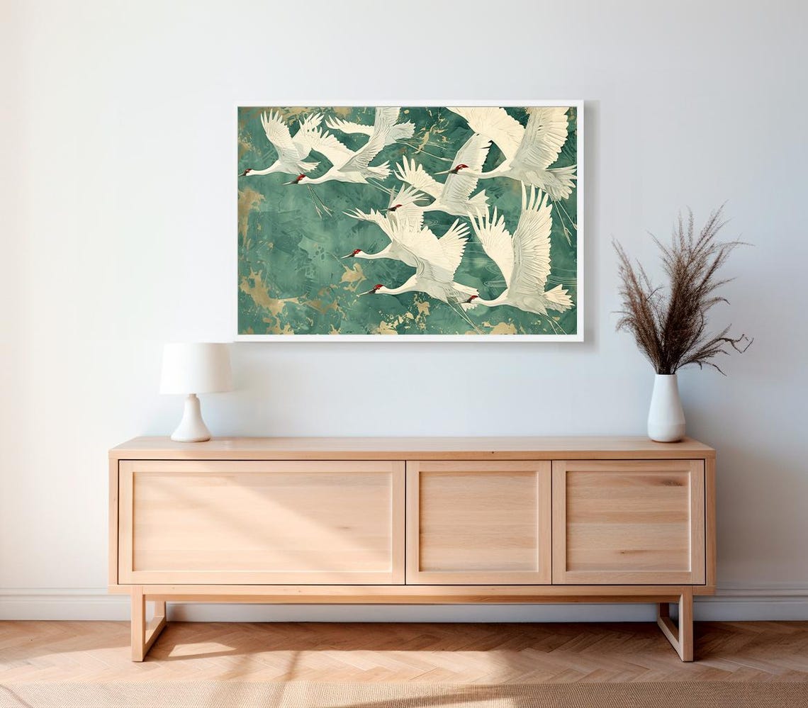 Elegant White Cranes Soaring Over a Jade Green Chinoiserie Wall Poster - Image 2