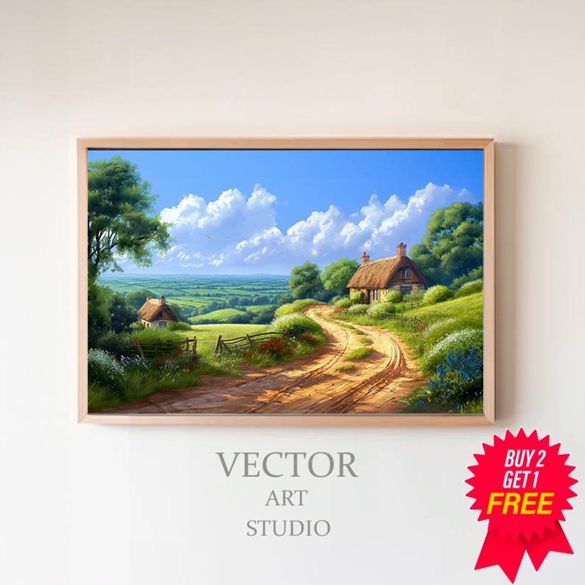Thatched Cottages on a Bright Summer Day with Winding Road Poster