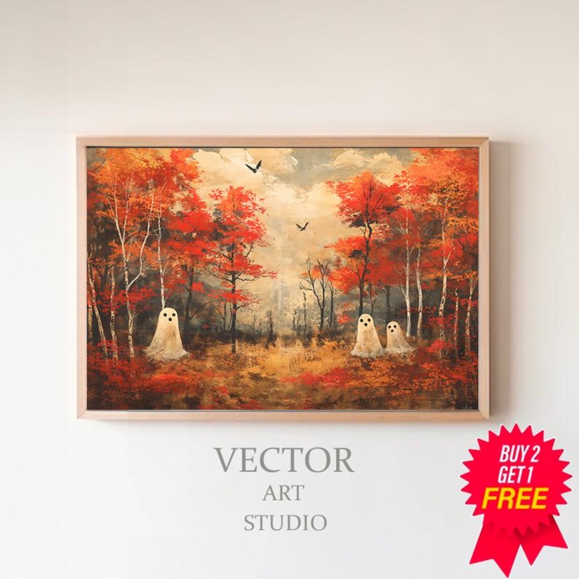 Cute Ghost Family in an Autumn Forest Fall Colors Halloween Art Poster